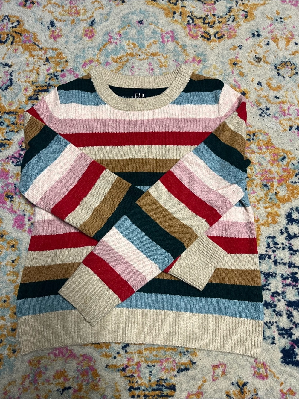 GAP Striped Crewneck Sweater in Beige, Red, Light Blue, Pink, Brown